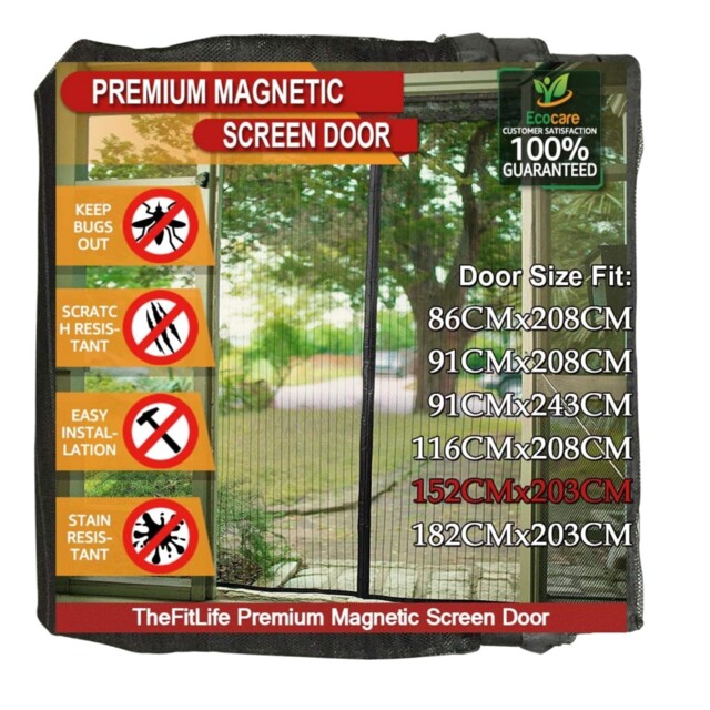 Heavy Duty Magnetic Fly Screen Door 158x206cm Black – Fits Up To