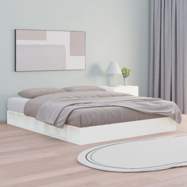 Bed Frame Solid Pinewood White 140x200 Cm Minimalist Rustic Slatted