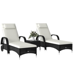Outsunny 3 Pcs Rattan Lounger Recliner Bed Garden Furniture Set W/