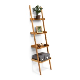 Ladder Shelving Unit Bamboo Bookcase Wall Leaning Shelf 4 Tiers