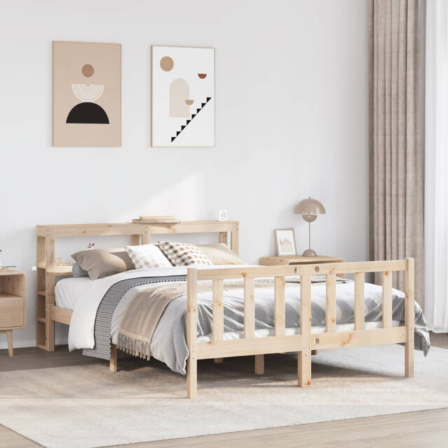 Bed Frame Solid Pine Wood 160x200cm Natural Wooden Headboard With