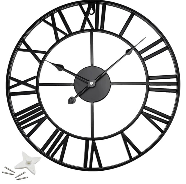 60cm Large Skeleton Metal Roman Wall Clock Big Numerals Giant Open