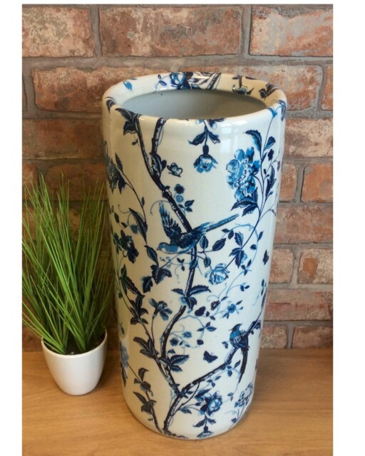 Blue Birds And Flowers Ceramic Umbrella /stick Stand /large Vase