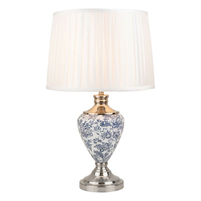 Table Lamp Hepburn Large Ceramic Ivory Pleated Shade Blue Printed