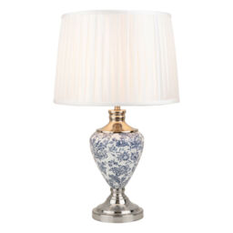 Table Lamp Hepburn Large Ceramic Ivory Pleated Shade Blue Printed