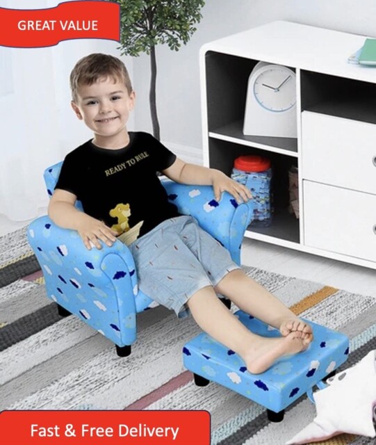 Cute Cloud Star Child Armchair Seat Wood Frame W/ Footrest Padding