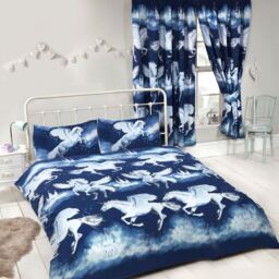 Stardust Unicorn Navy Blue - Curtains & Duvet Cover Set Junior Single