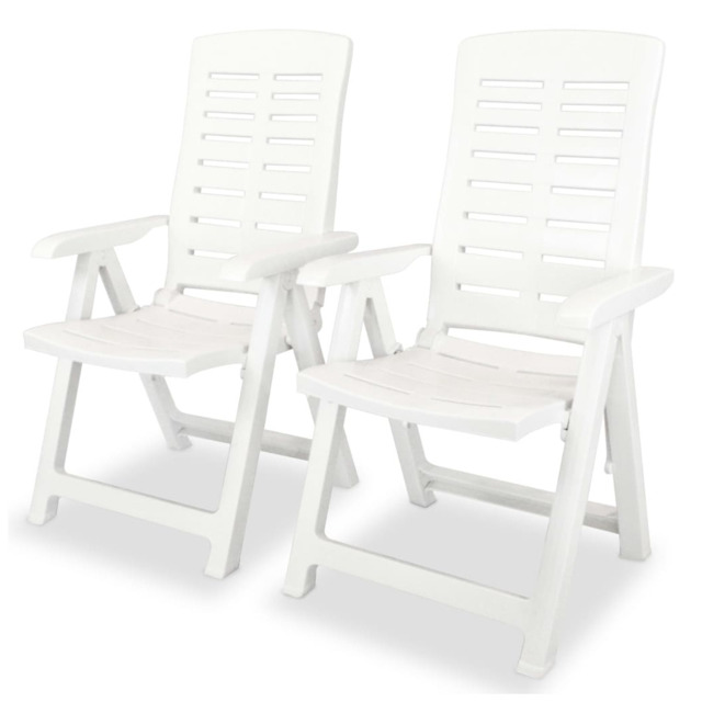 Garden Reclining Chair 2 White Plastic Foldable 4-pos Weatherproof