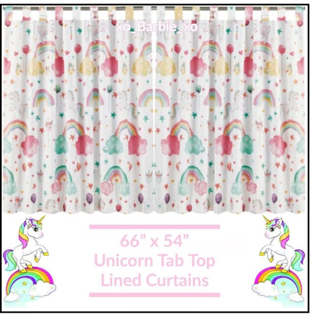 "Unicorn Rainbow Tab Top Lined Curtains 66"" X 54"" 168cm 137cm White"