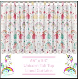 "Unicorn Rainbow Tab Top Lined Curtains 66"" X 54"" 168cm 137cm White"
