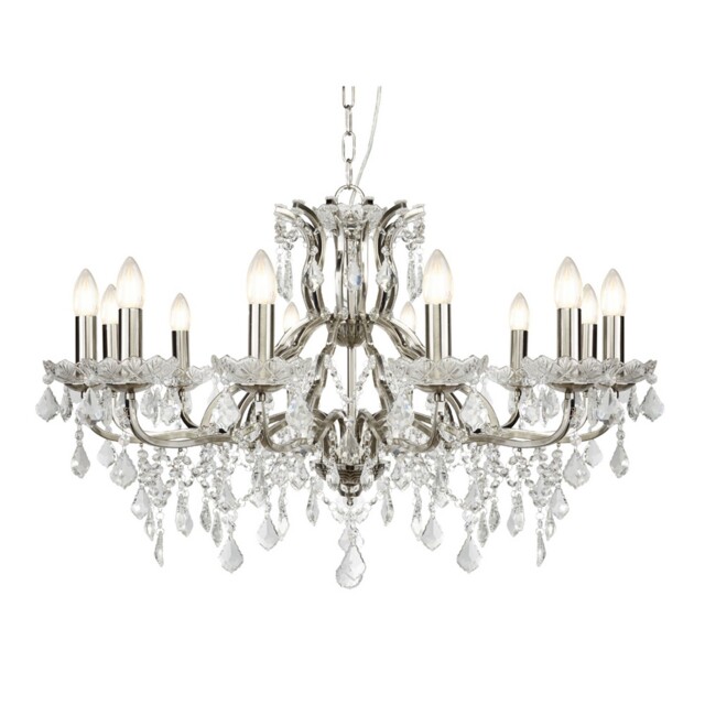 12 Light Chandelier Clear Crystal Drops & Trim Ceiling Lamp Satin