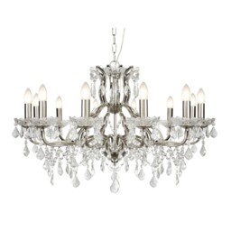 12 Light Chandelier Clear Crystal Drops & Trim Ceiling Lamp Satin