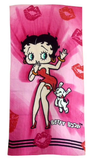 Beach Towel Betty Boop Kisses Lips Dog Pink Red Black White Cotton