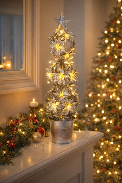 Iron Led Pre Lit Christmas Flower Decoration With Top Star - 60cm -