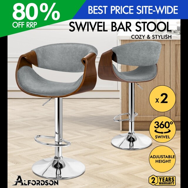 Alfordson 2x Bar Stool Padded Wooden W/ Armrest Swivel Breakfast