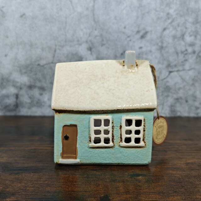 Village Pottery Tealight Holder Small House Aqua Blue Ceramic Ornament
