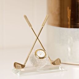 William Widdop Miniature Clock, Crossed Golf Clubs With Glass Ball,