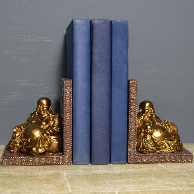 Happy Buddha Bookends Gold Effect Home Decor Statue Ornament H14cm