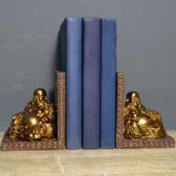 Happy Buddha Bookends Gold Effect Home Decor Statue Ornament H14cm
