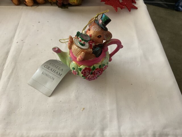 Gisela Graham Mouse In Teapot Hanging Christmas Decoration With Gold