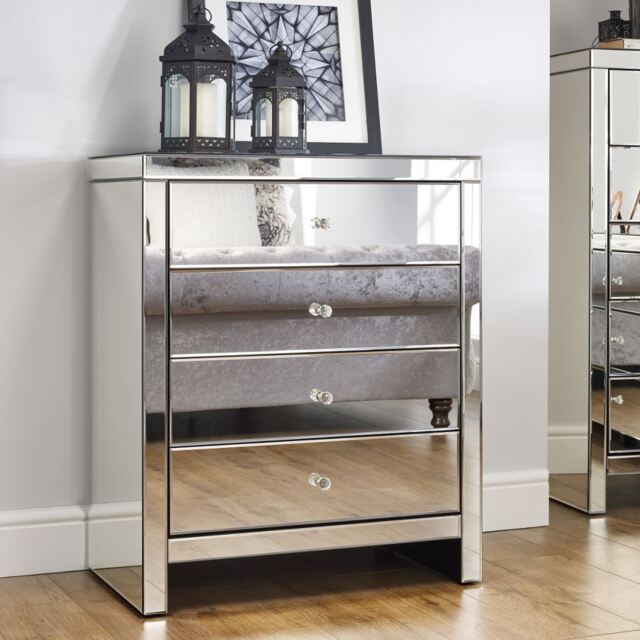 Mirrored Chest Of Drawers, Seville 4 Large Storage Drawers 75cm X 92cm