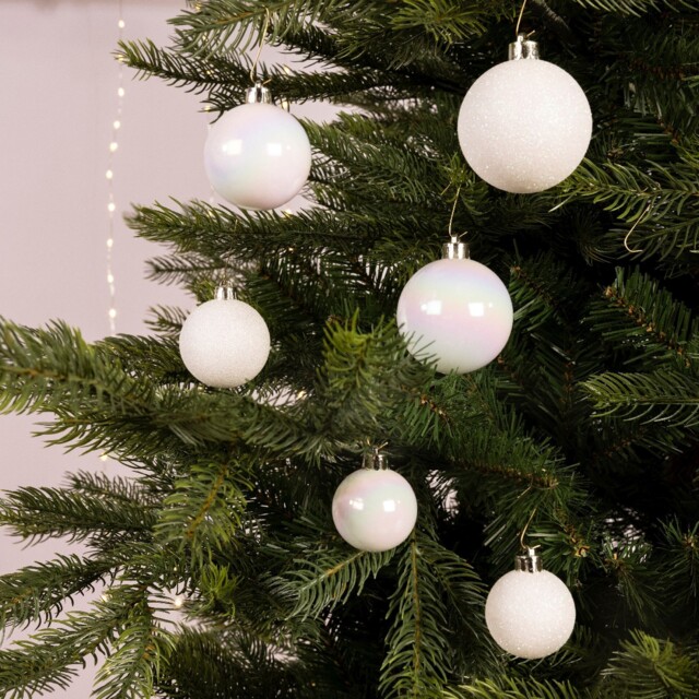 30 White Iridescent Christmas Baubles Shatterproof Tree Decor Glitter