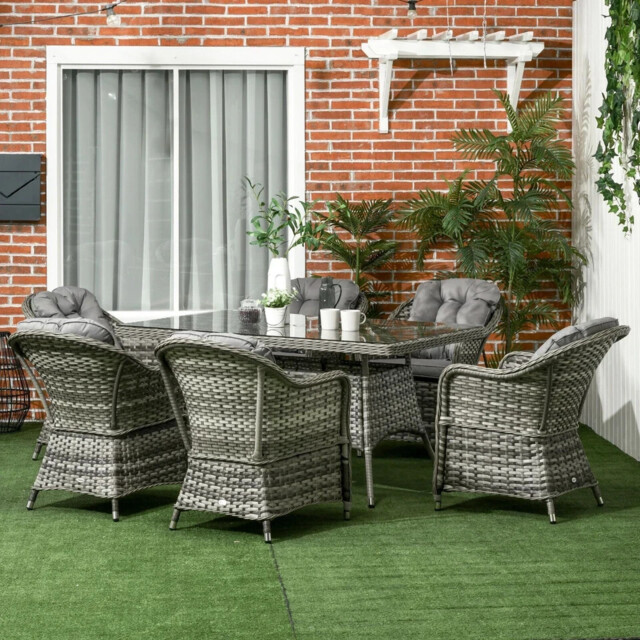 7 Piece Rattan Garden Dining Set Outdoor Patio Furniture With Glass