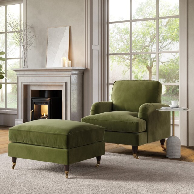 Olive Velvet Armchair And Footstool - Payton Bun/sof165/85504