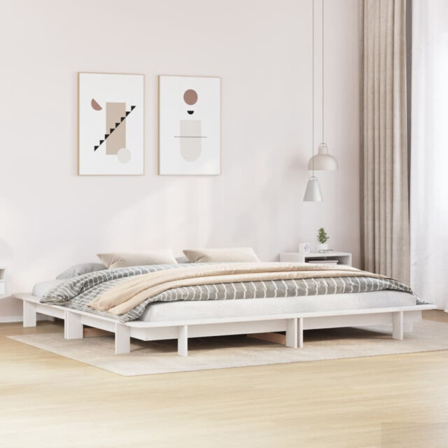 Bed Frame White 160x200 Cm Solid Pinewood Slatted Base Modern