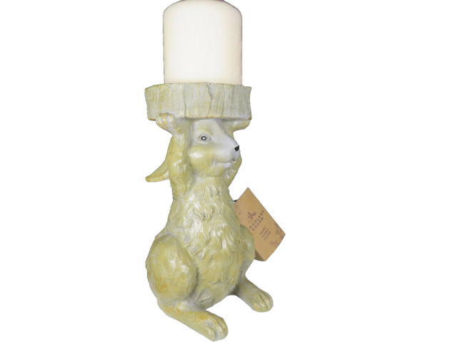 Woodland Charm Resin Rabbit Pillar Candle Holder + Cream Pillar Candle
