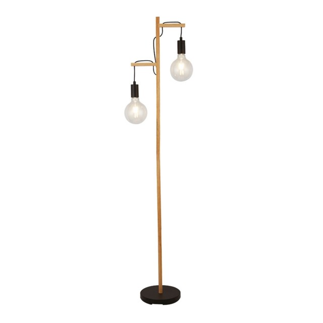 2 Bulbs Wood Body And Black Finish Metal Base Free Standing Floor Lamp