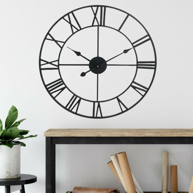 Wall Clock 40cm Black Metal Vintage Open Back Skeleton Architectural