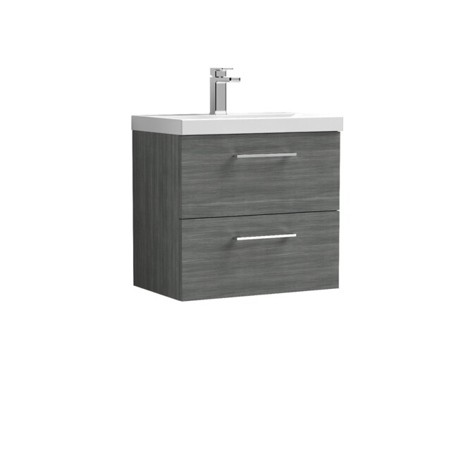 Nuie Arno Anthracite Woodgrain 600mm Wall Hung 2 Drawer Vanity Unit