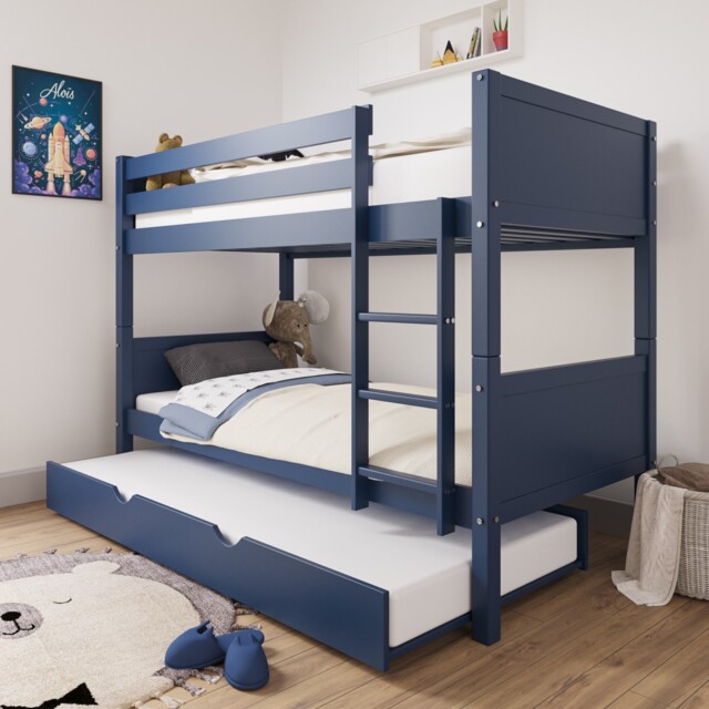 Single Bunk Bed Detachable Navy Blue Wooden With Trundle Bed And