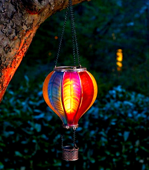 Solar Light Rainbow Hot Air Balloon Flame Effect Hanging Lantern Led