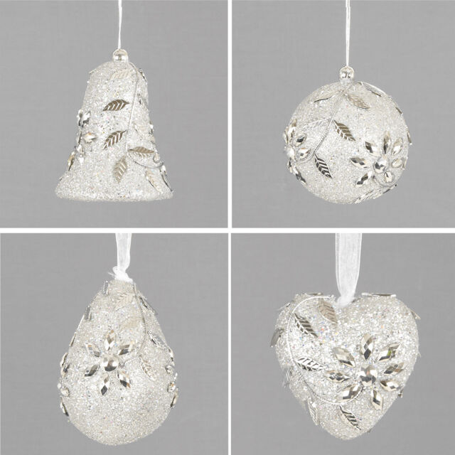Set 4 90mm Glitter & Gem Christmas Tree Decorations - Silver Olive