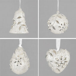 Set 4 90mm Glitter & Gem Christmas Tree Decorations - Silver Olive