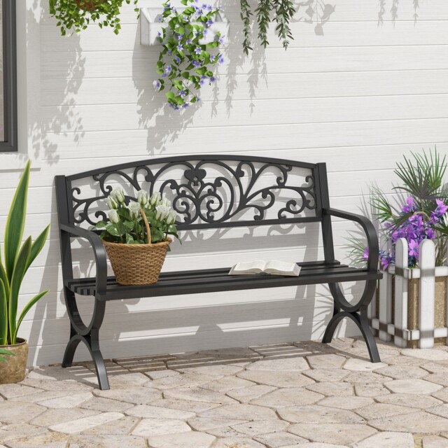 Garden Bench Porch Chair Furniture Patio Park Loveseat Steel Black