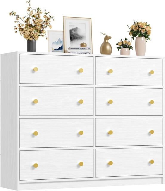 Nicehill White Chest Of Drawers With 8 Drawers, Wooden Frame & Gold by eBay  | uFurnish.com
