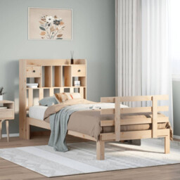 Bed Solid Pinewood Natural 90x190 Cm Single With Bookcase Headboard