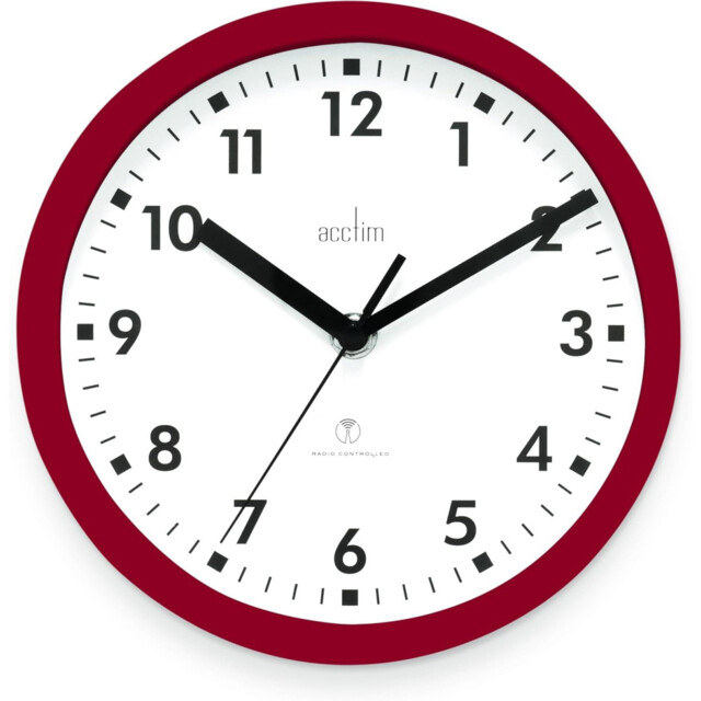 Wall Clock Red 20cm Radio Controlled Atomic Time Glass Lens Compact