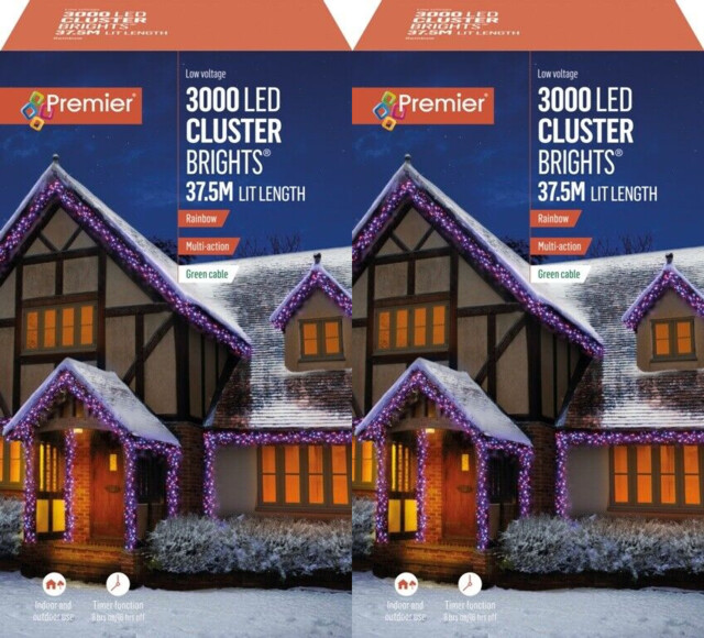 2x Premier 3000 Led Cluster Indoor Outdoor Christmas Tree Lights Timer