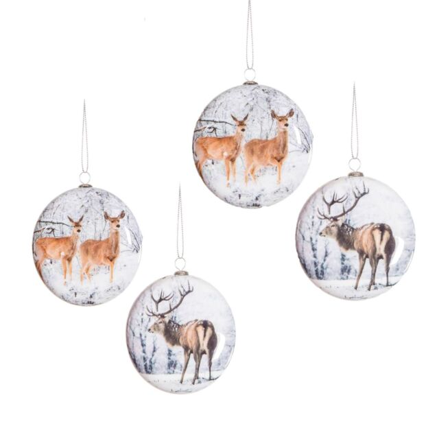 Set Of 4 Disc Baubles 80mm Tree Decoration - Reindeer