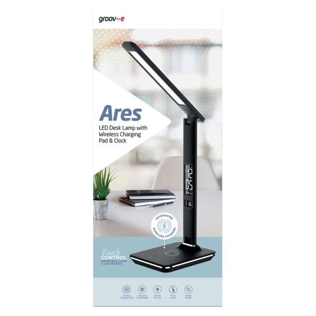 Groove Ares Desk Led Lamp With Wireless Charging Pad & Clock - Black