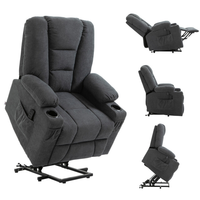 Riser Recliner Chair Charcoal Grey Linen-feel Oversized Remote Lift