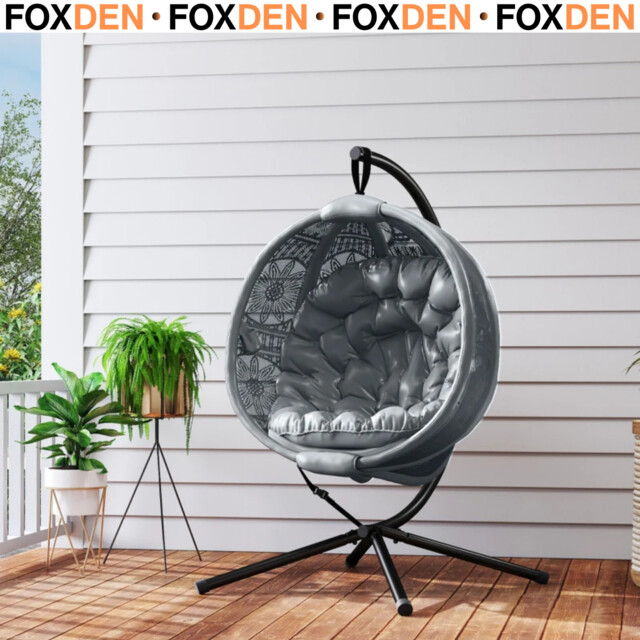 Round Egg Basket Hanging Swing Chair Polyester With Metal Stand - Grey
