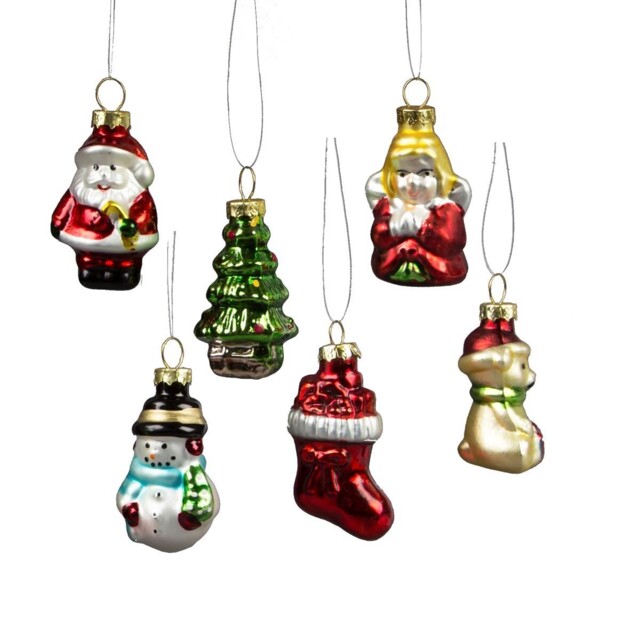 Set Of 6 Mini Christmas Baubles Xmas Glitzy Characters Festive Tree