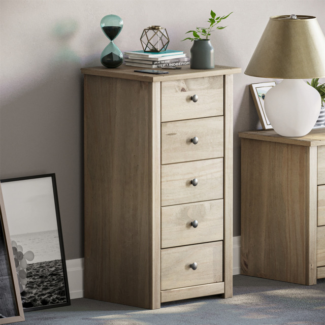 Panama 5 Drawer Narrow Chest Solid Waxed Rustic Pine Bedroom Storage
