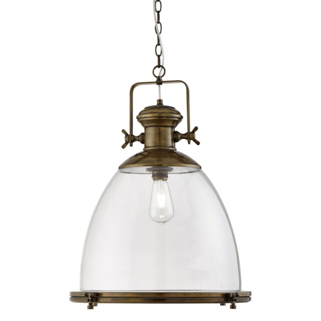 Industrial Pendant Large 1 Light Painted Antique Brass Finish Clear