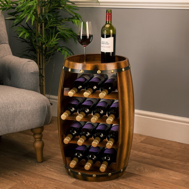 Barrel Wine Rack Wooden Free Standing 14 Bottle Storage Holder H50cm